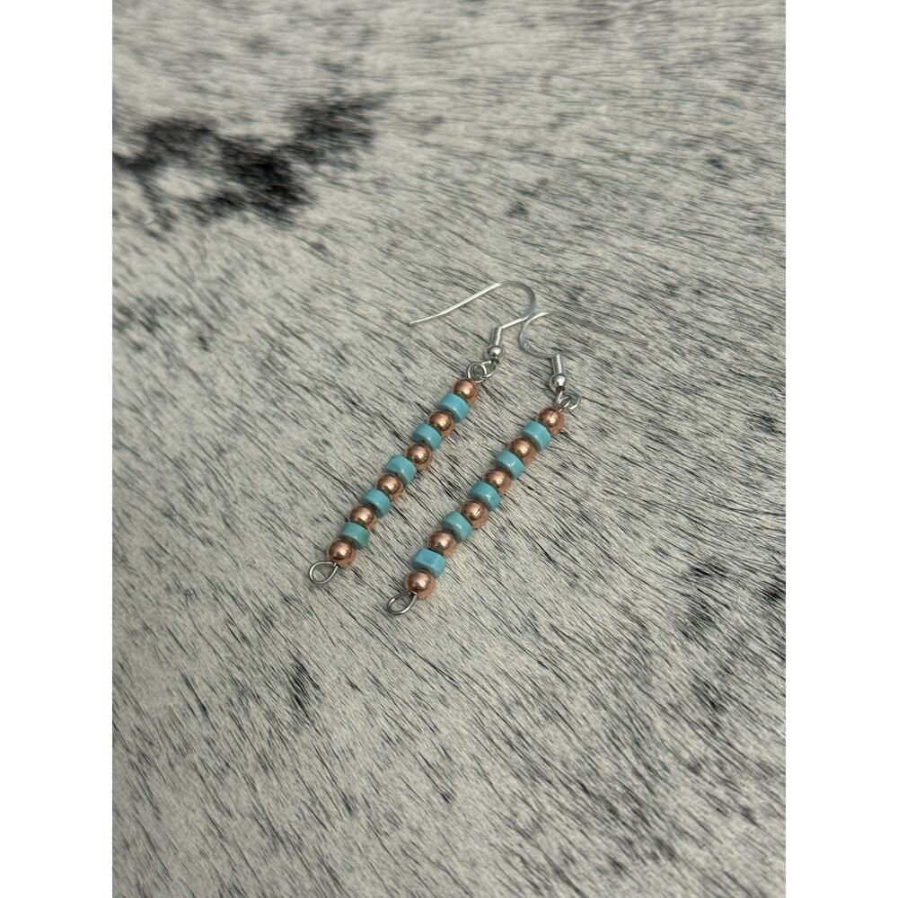Native American Copper Navajo Pearl Blue Turquoise HEISHI Earrings Sterling Hook - Picture 3 of 6
